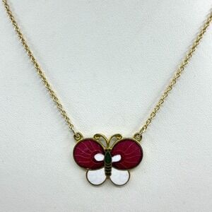 Beautiful Enamel Butterfly Necklace Gold Tone Chain Whimsical Nature Charm Gift